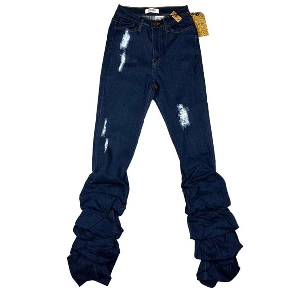 High-Waisted Dark Wash Stacked Jeans NWT Sz L - Picture 2 of 12